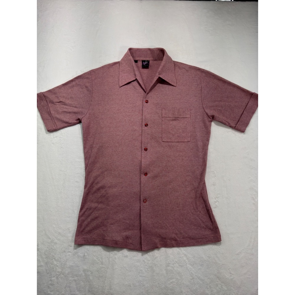 Vintage Joel Cal Made Mens Medium Burgundy Knit Short Sleeve Camp Collar Shirt